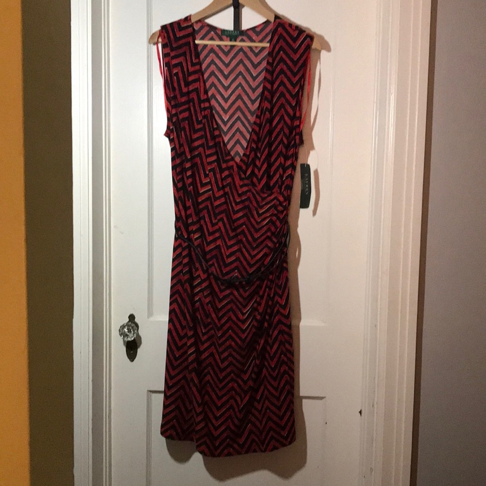 Lauren Ralph Lauren Red & Black with Black Velvet Belt at Waist 2X Sleeveless